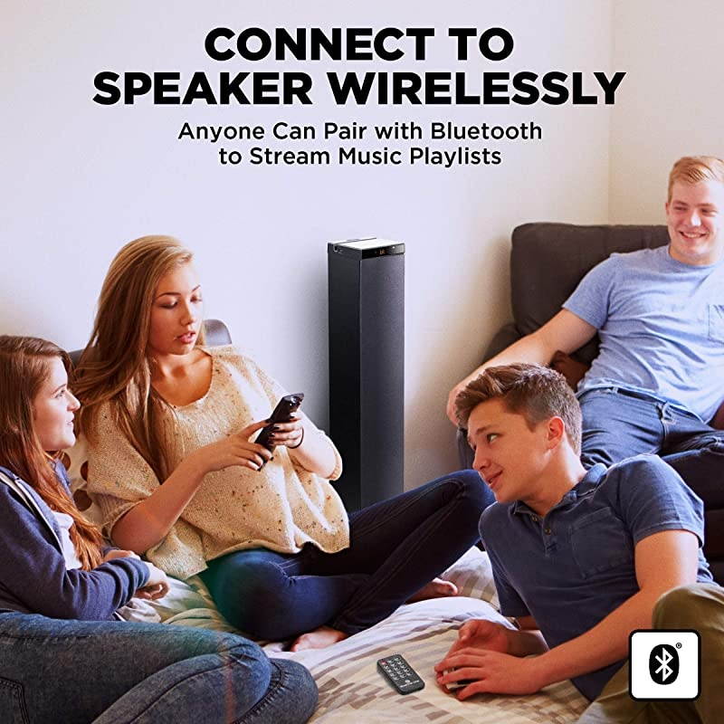 Bluetooth Tower Speaker with Builtin Subwoofer BlueSYNC STW Floor Standing Speaker Tower with Thumping Bass Immersive 120W Peak Power AUX Flash Drive MP3 FM Radio USB Port Single