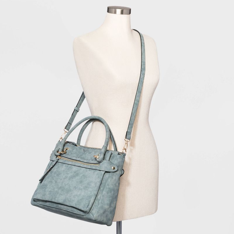 VR NYC Magnetic Closure Denim Woven Handle Satchel Handbag - Blue