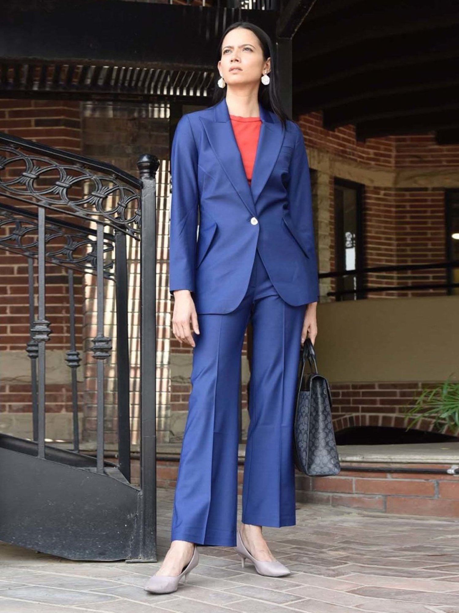 Qua Blue Stretch Wool Tailored Trousers