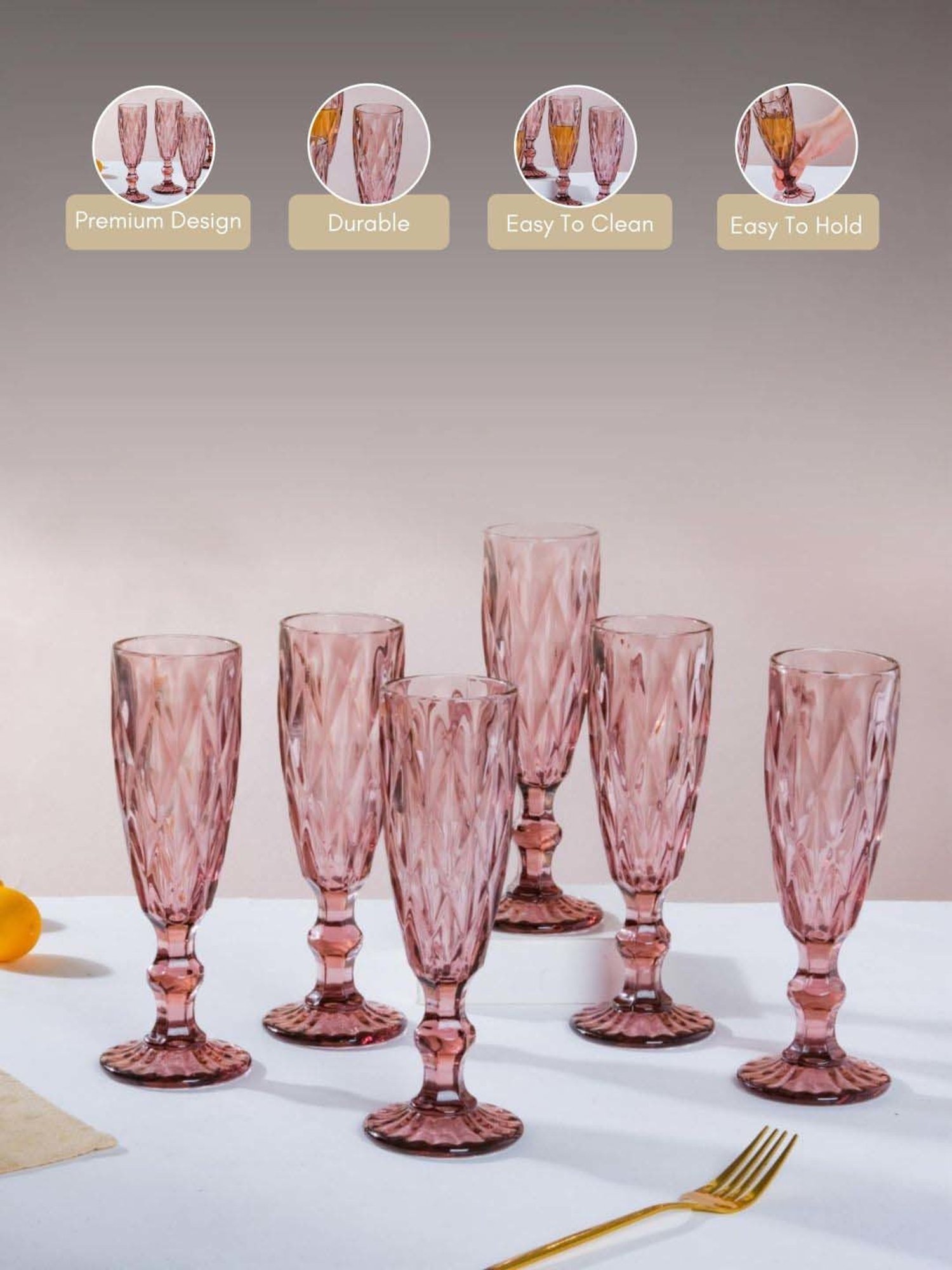 Nestasia high quality Crystal Textured Mauve Champagne Glasswareset with Stem(Set Of 6, each 150 ml)