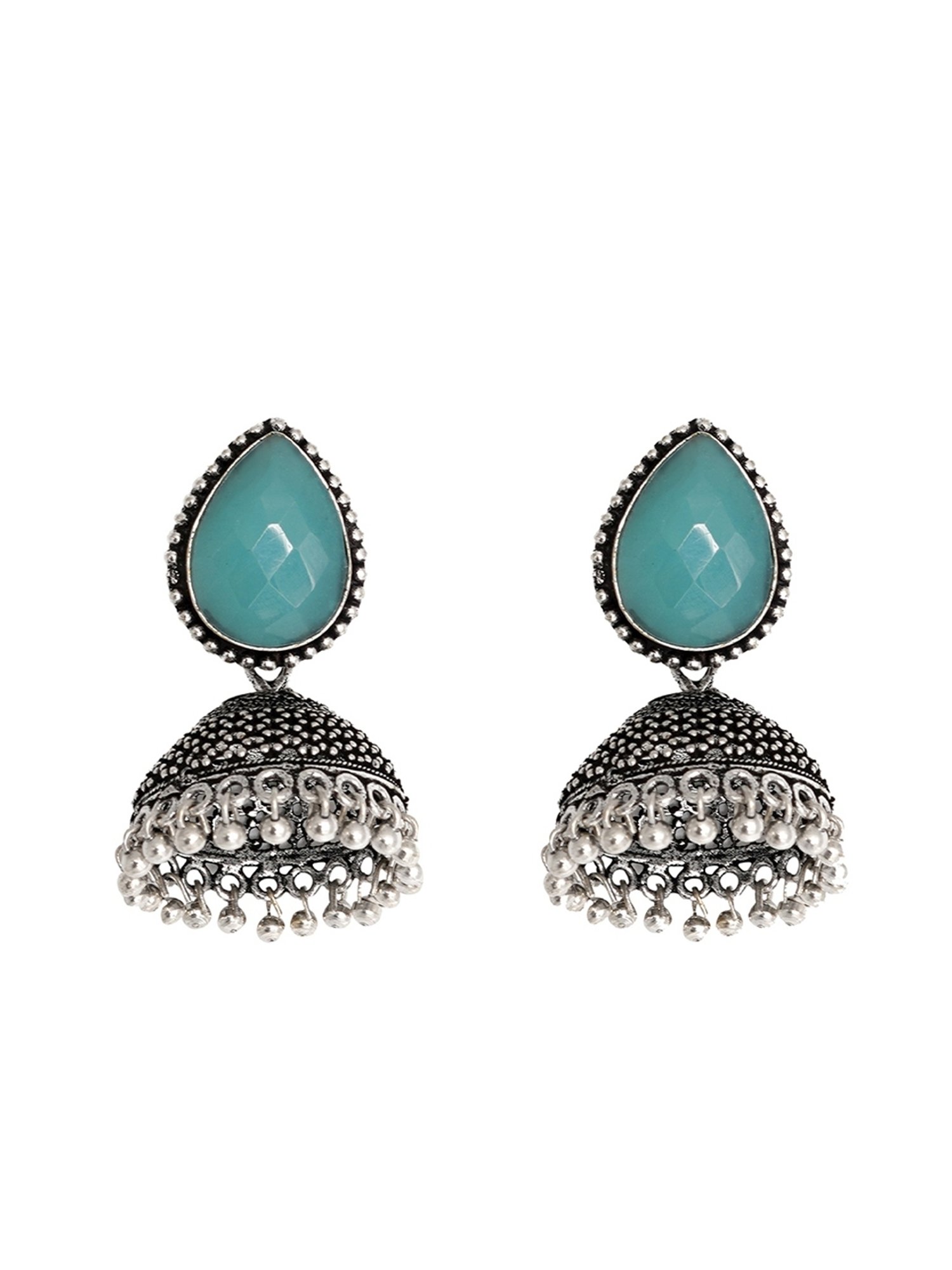 Teejh Ethnic Shanya Light Blue Stone Silver Oxidized Jhumki Earrings