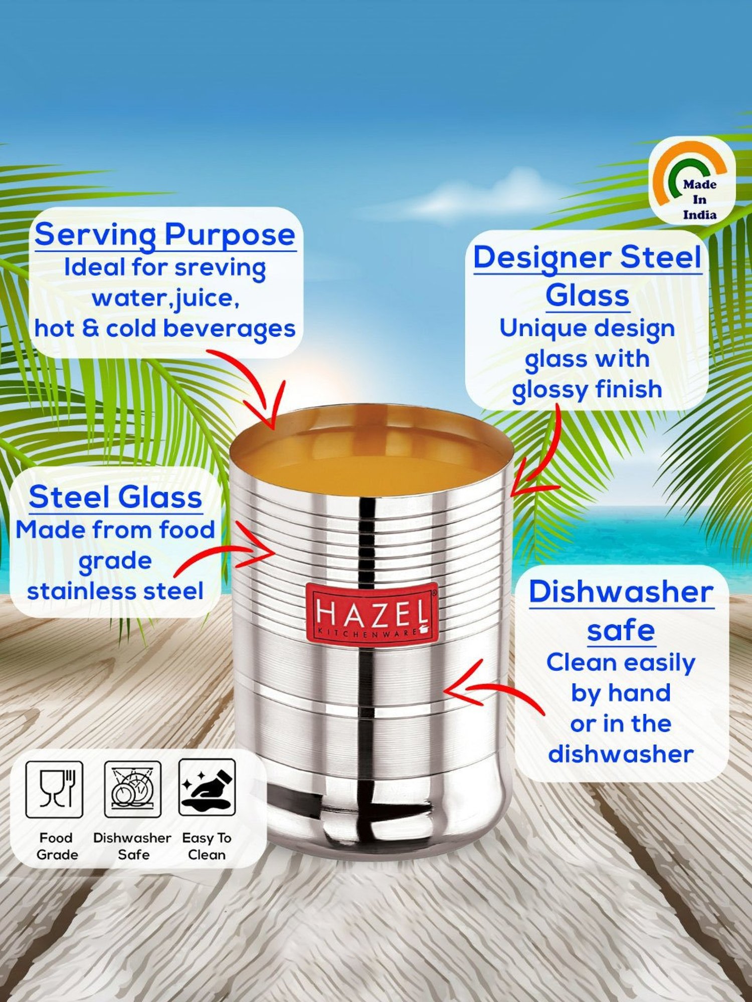 HAZEL Silver Stainless Steel Drinking Water Glass (350ml)