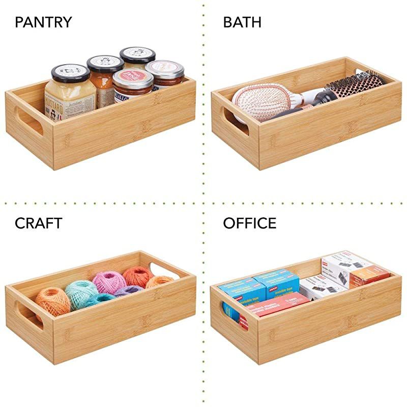 Bamboo Wood Compact Food Storage Bin with Handle for Kitchen Cabinet Pantry Shelf to Organize Seasoning Packets Powder Mixes Spices Packaged Snacks 2 Pack Natural
