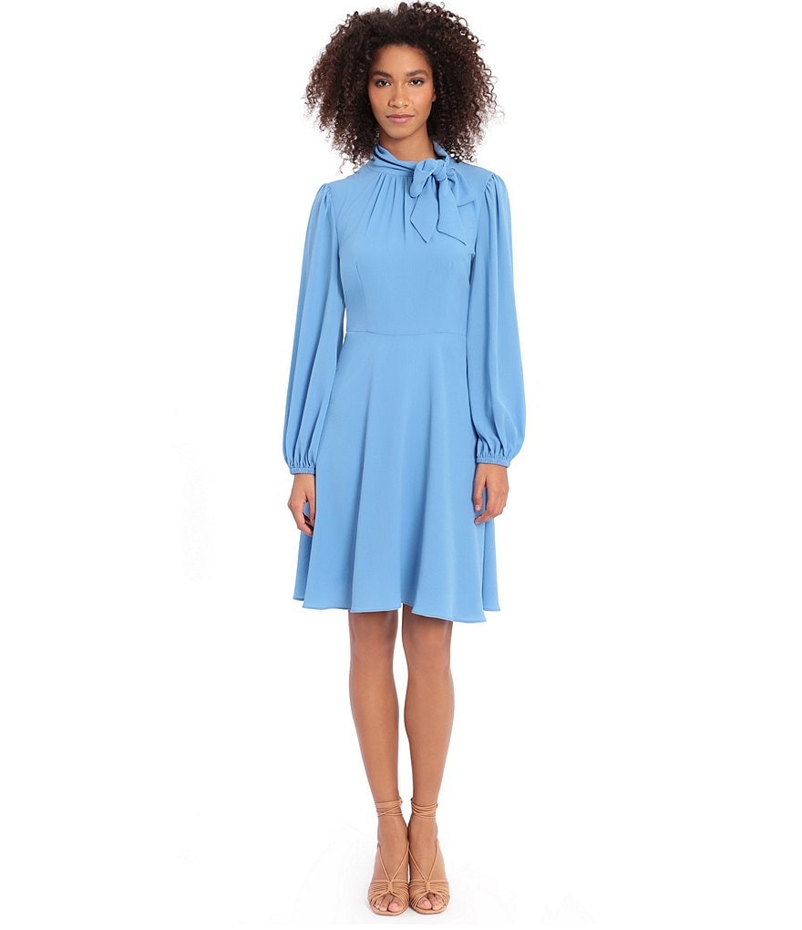 Maggy London Petite Size Long Sleeve Catalina Crepe Tie Neck A-Line Dress