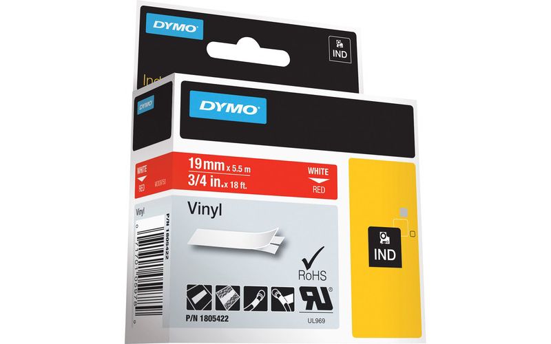 Dymo Colored 3/4" Vinyl Label Tape - Permanent Adhesive - 3/4" Width x 18 3/64 ft Length - Rectangle - Thermal Transfer - Red, White - Vinyl - 1 Each