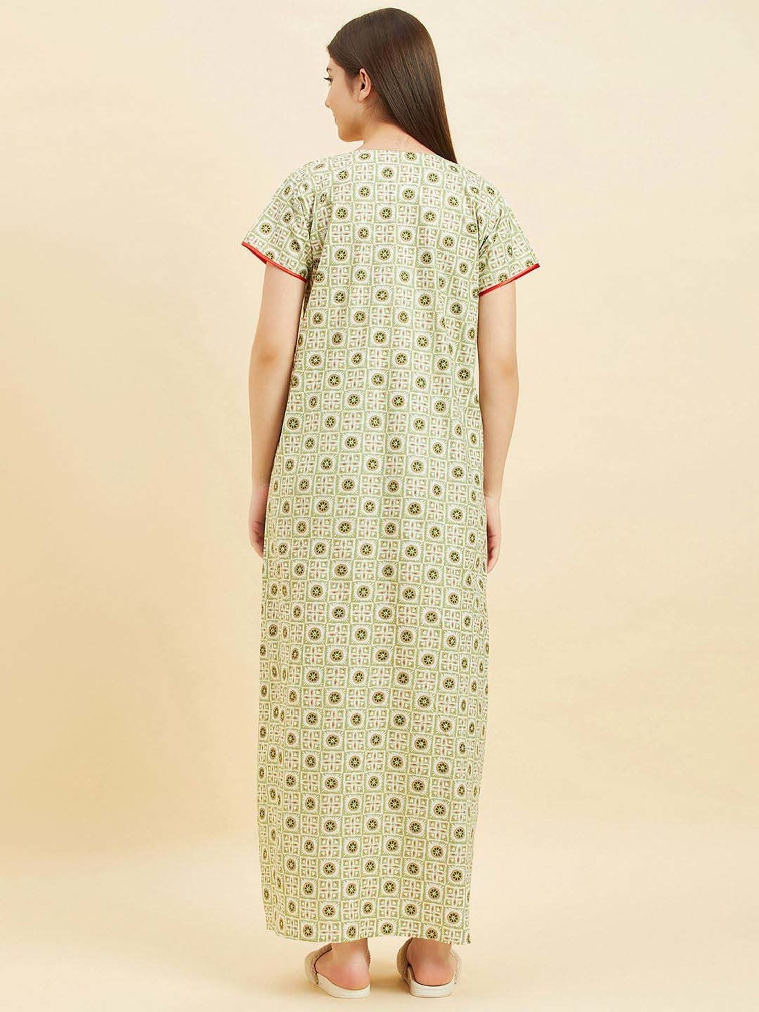 Sweet Dreams Pista Green Cotton Printed Night Gown