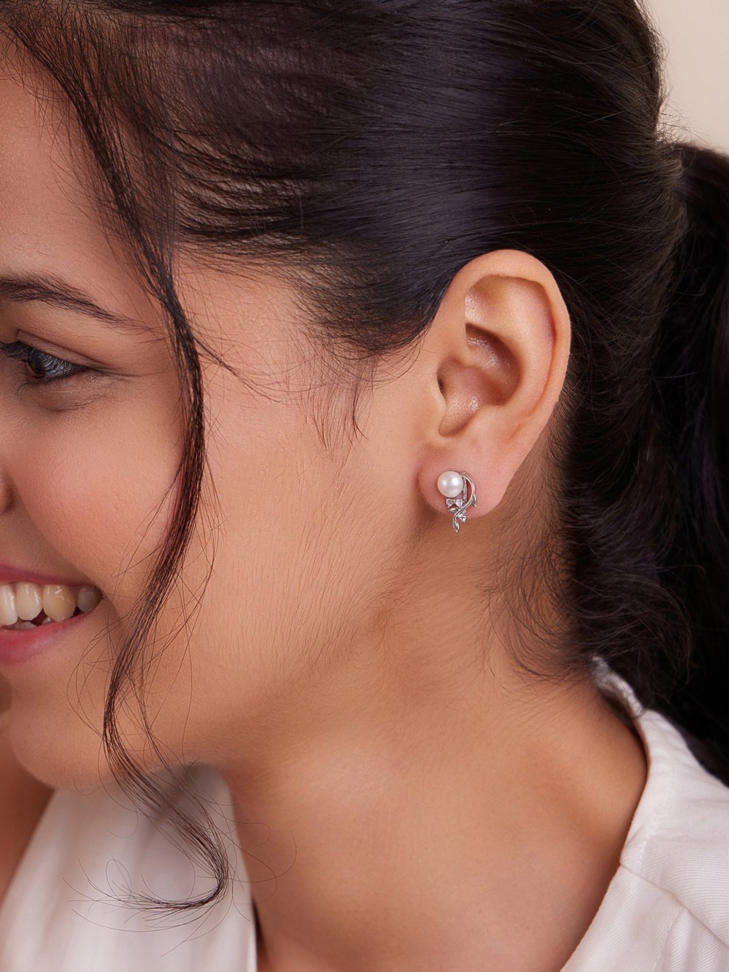 March by FableStreet 92.5 Sterling Silver Freshwater Pearl Zircon Studded Leaf Earrings for Women