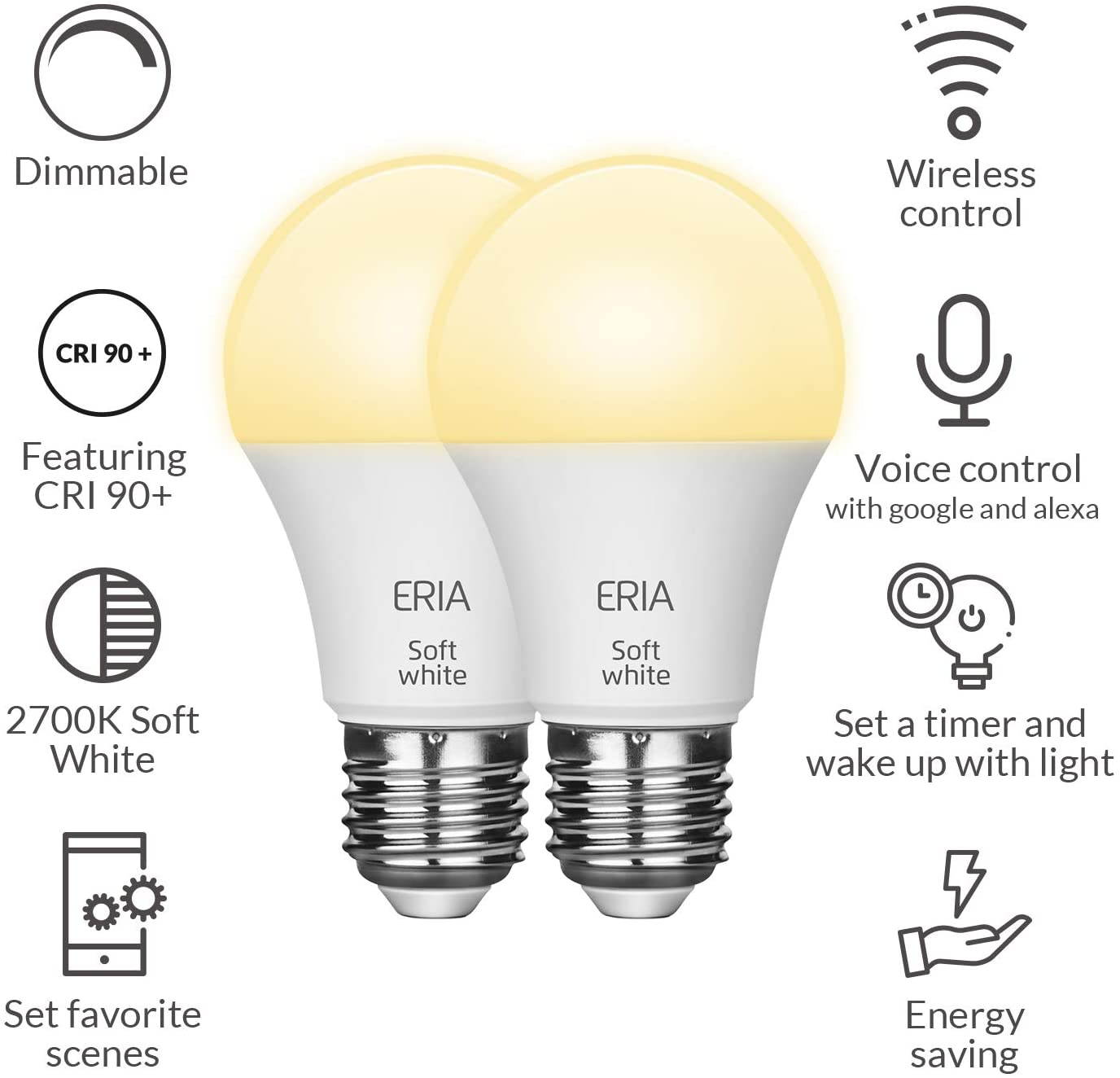 AduroSmart ERIA Soft White Smart Light Bulb A19 (hub required) Dimmable, Works With Alexa/ Echo Plus/ Eria / Hue / Google Assistant