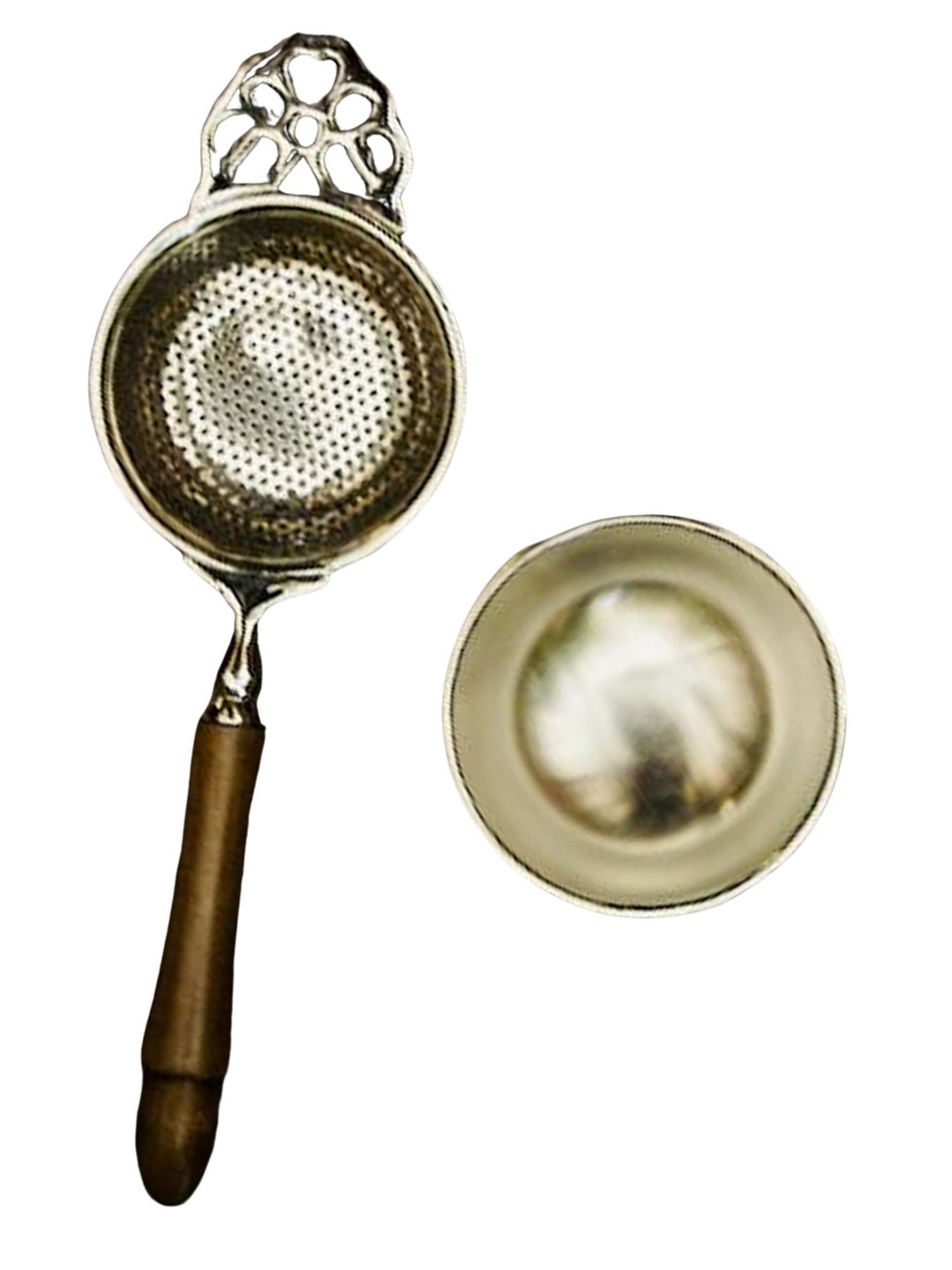 Ambi Matte Finish Brass Medium Sized Tea Strainer Silver 2 Piece Set With Wooden Holder