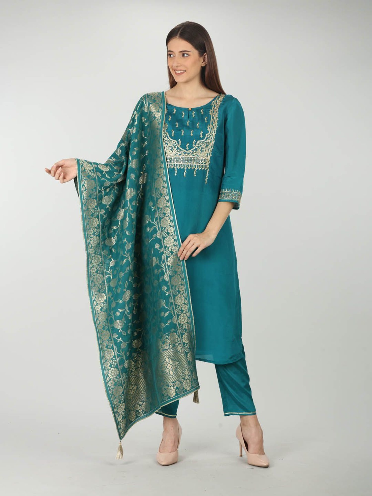 Mustard Turquoise Silk Printed Dupatta