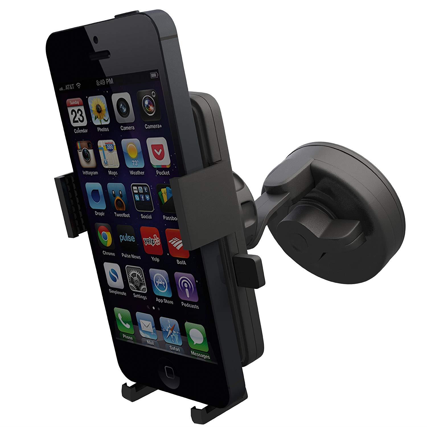 Car Phone Holder - Windshield Smartphone Mount for Cell Phone, Mobile, GPS - Universal Car Mount for iPhone 4, 5, 6, 7, X Samsung Galaxy S5 S4 S3 S2 - Auto, Black, Hands Free, Best Grip Holder for Car