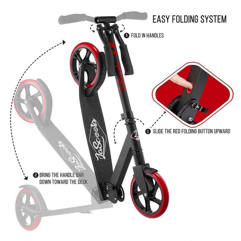 LaScoota Premium Teen Adult Adjustable Portable Folding Kick Scooter with Lightweight Wide Non Slip Deck and Carry Strap, Red