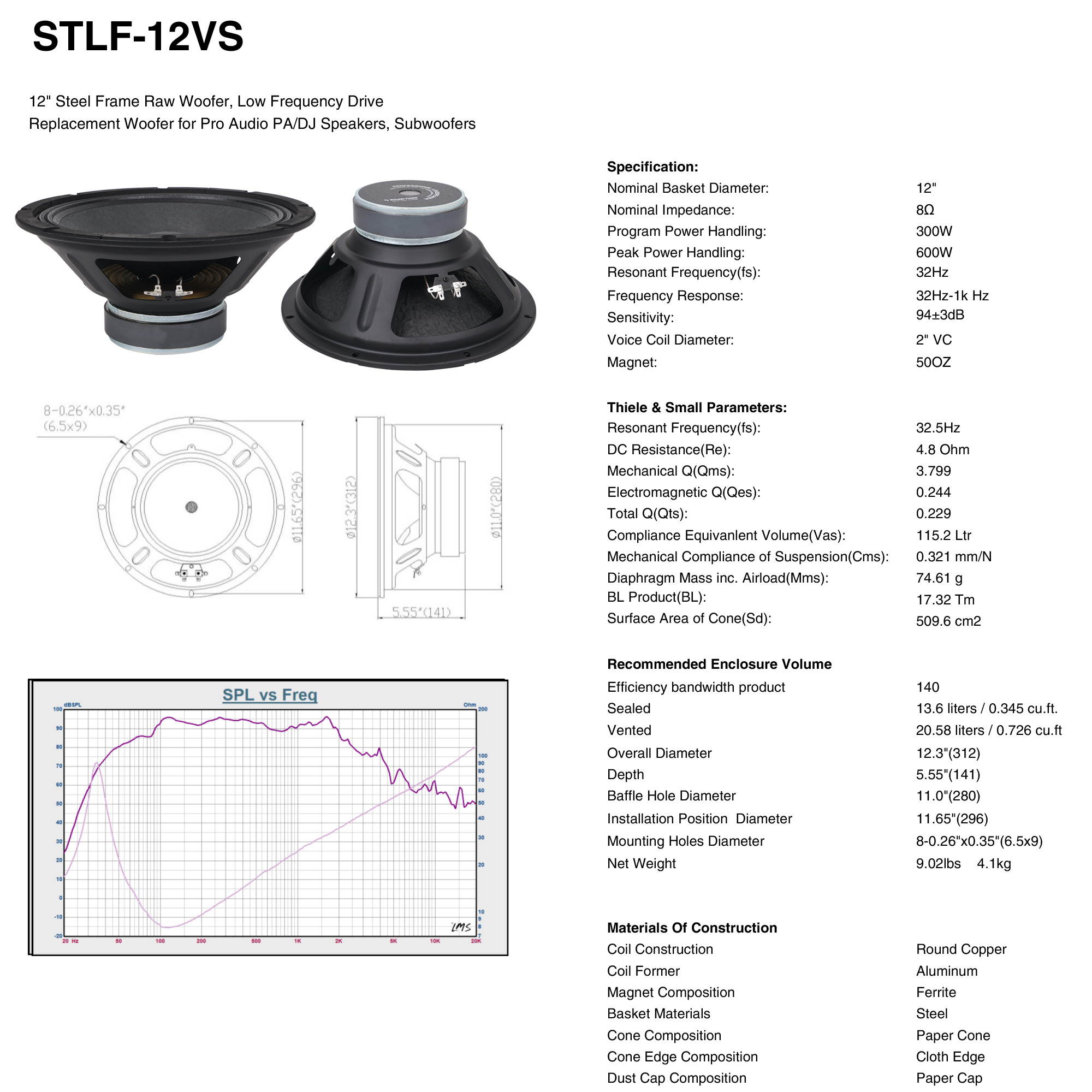 Sound Town 12&rdquo; 250W Steel Frame Raw Woofer (Low Frequency Driver) w/ 2" Voice Coil, Replacement Woofer for PA/DJ Speaker, Subwoofer Cabinets (STLF-12VS)