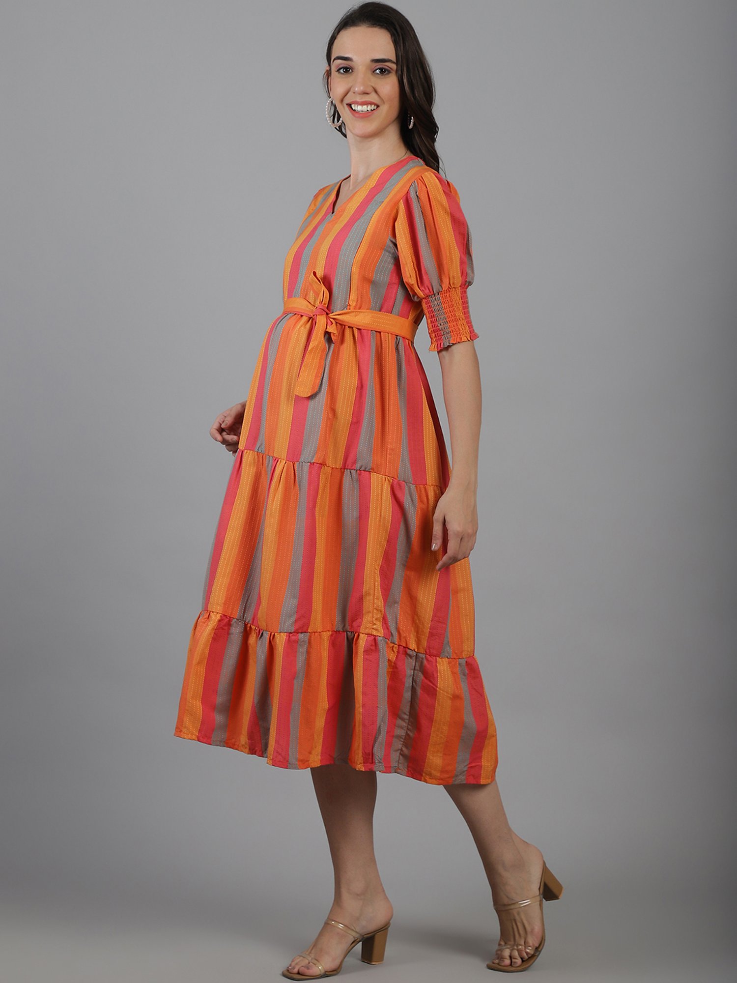 Moms Maternity Orange Striped Maternity Midi Dress