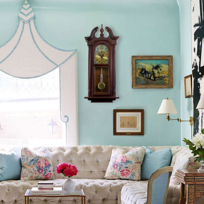 Bedford Clock Collection 38 Inch Chiming Pendulum Wall Clock in Cherry Oak Finish