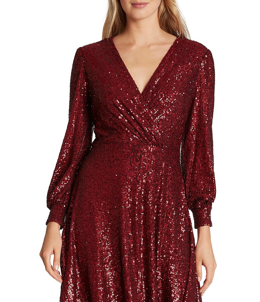 Tahari ASL Stretch Allover Sequin Faux Wrap Midi Dress