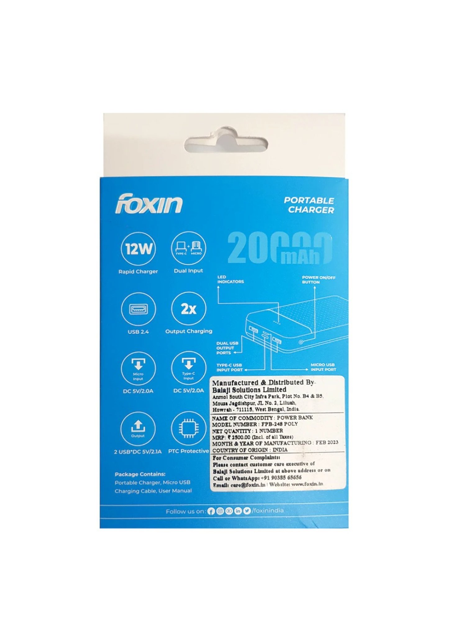 Foxin FPB 248 Poly 20000mAh Power Bank with Micro-USB & Type C input Port (Midnight Black)