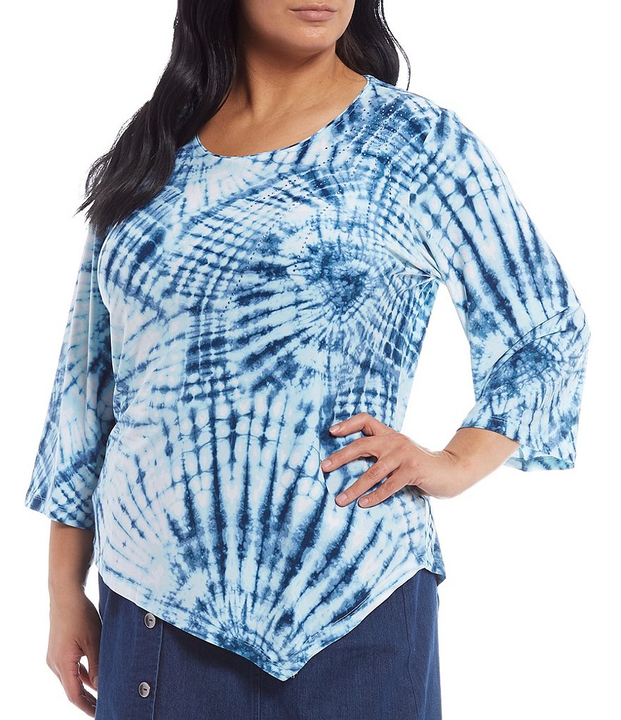 Allison Daley Plus Size Tie Dye Spiral Print Embellished Detail Scoop Neck 3/4 Sleeve Asymmetrical Hem Top