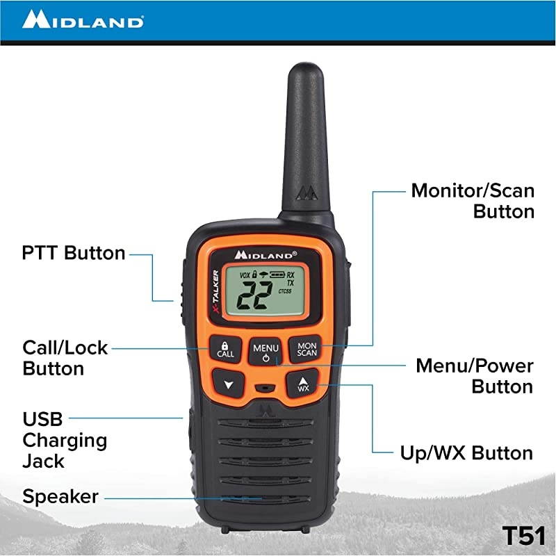 T51VP3 22 Channel FRS Walkie Talkie - Up to 28 Mile Range Two-Way Radio - Orange/Black (Pack of 10)