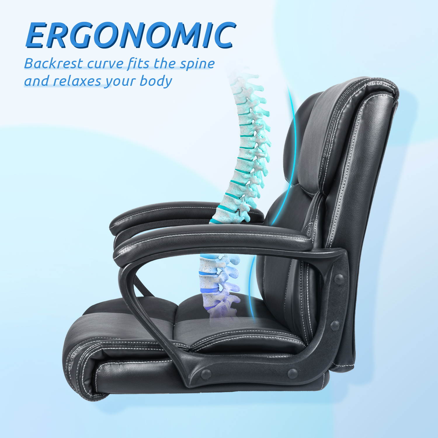 Furmax Mid Back Executive Office Chair Leather-Padded Desk Chair with Armrests, Ergonomic Swivel Task Chair with Lumbar Support (Black)