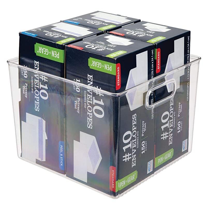 Plastic Storage Container Bin with Carrying Handles for Home Office, Filing Cabinets, Shelves - Organizer for School Supplies, Pens, Pencils, Notepads, Staplers, Envelopes - Clear