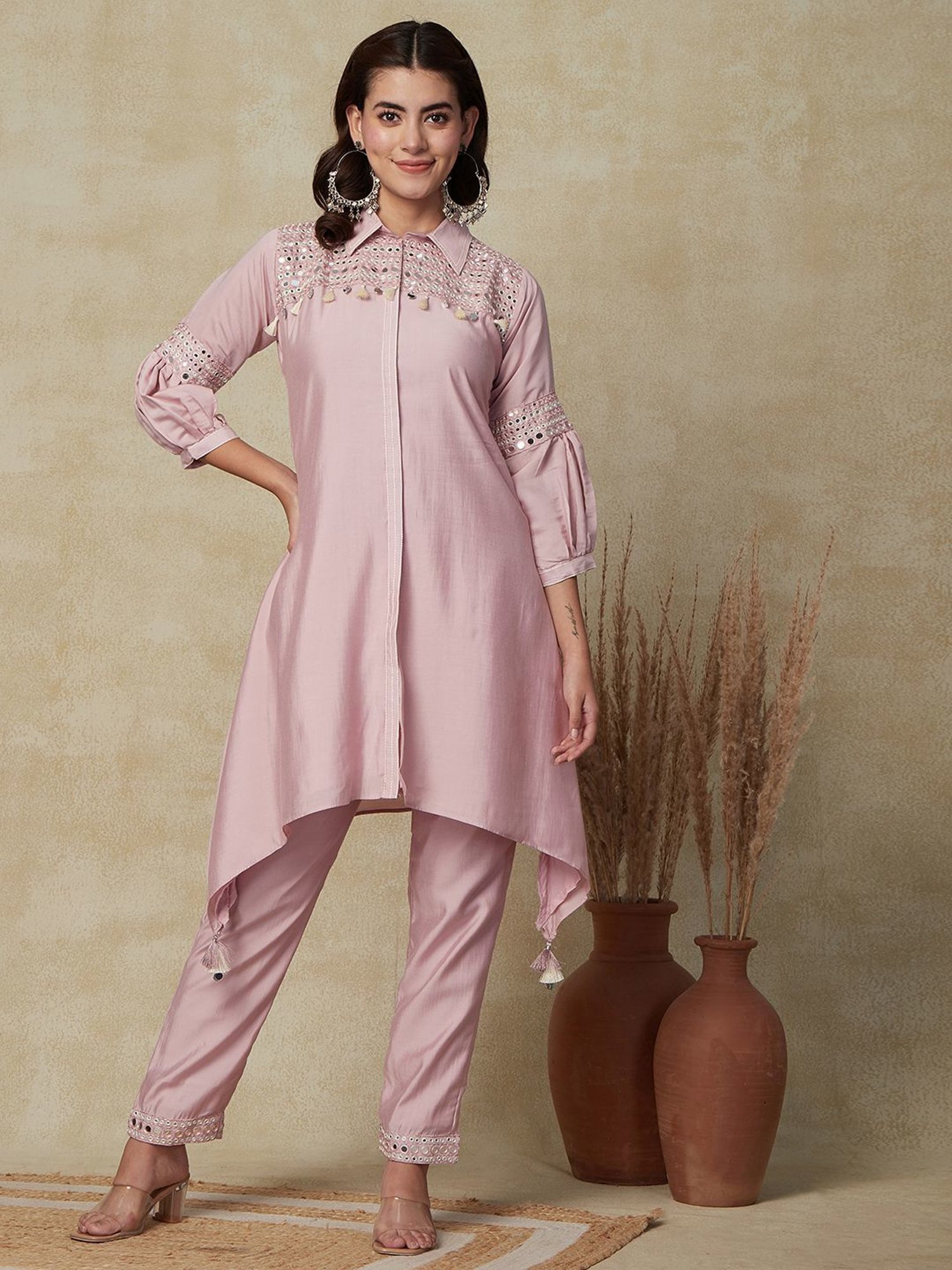 Fashor Pink Embellished Kurti Pant Set