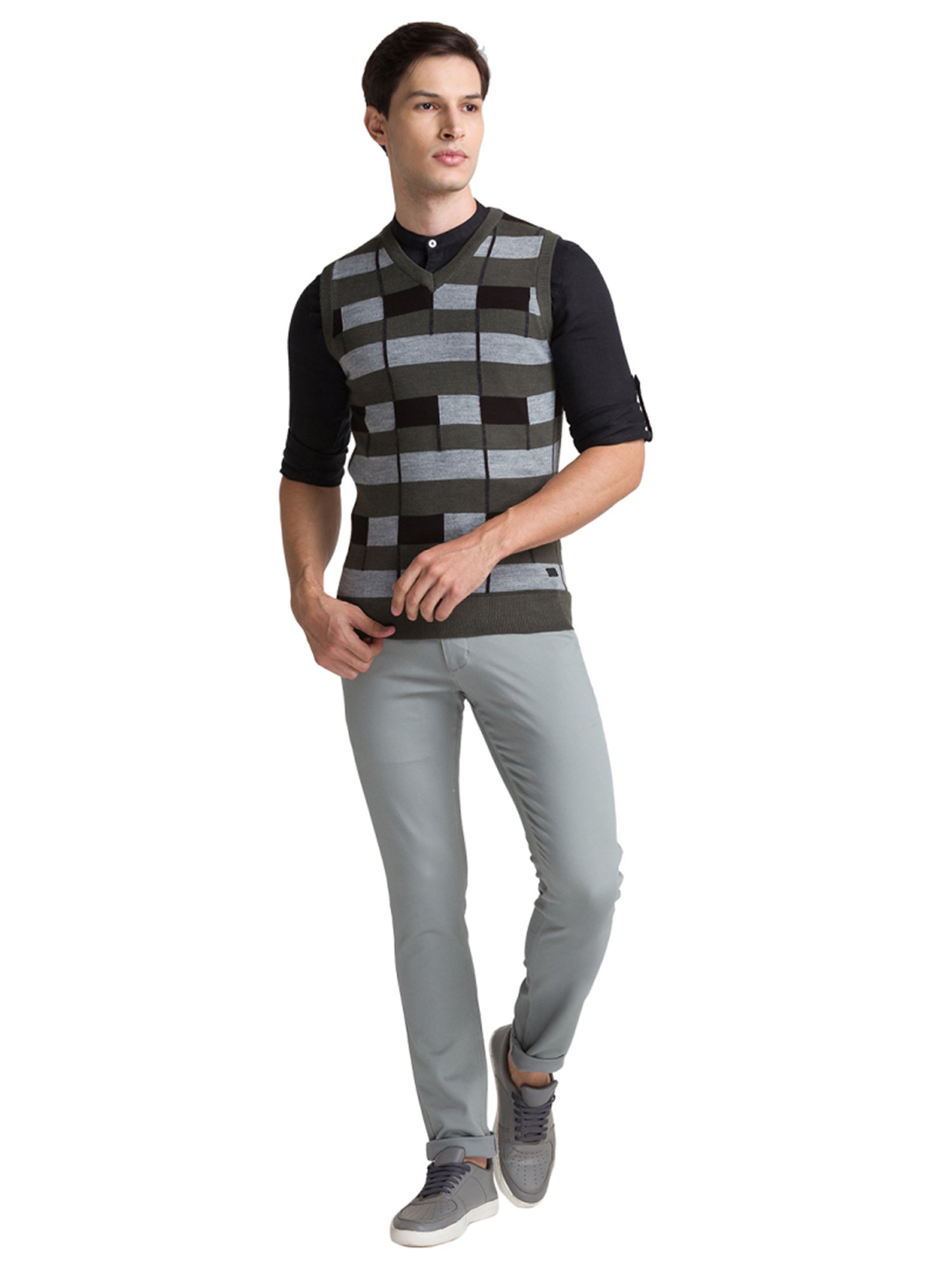 Parx Grey Regular Fit Striped Sweaters