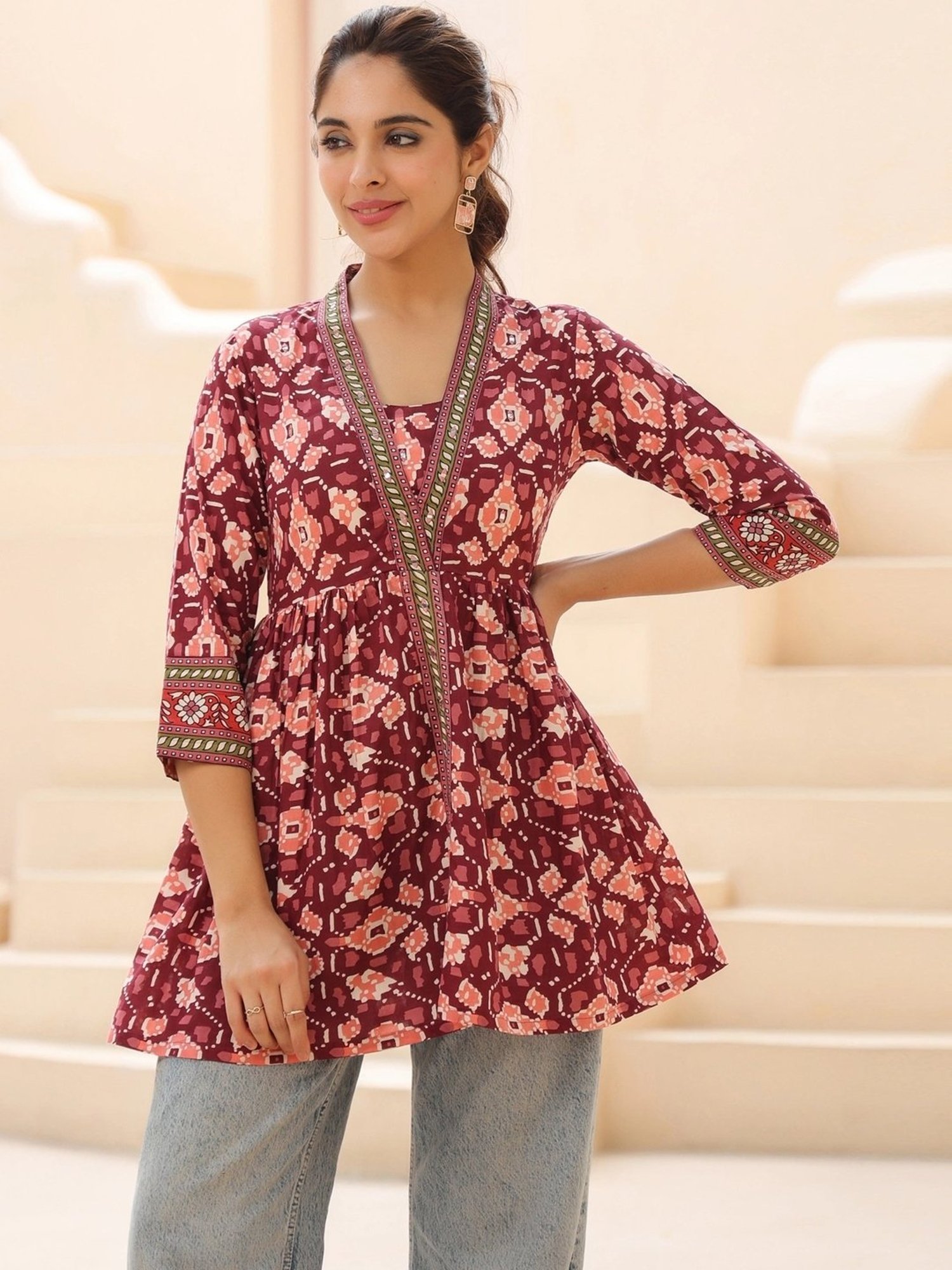 Rain and Rainbow Maroon Cotton Printed Top