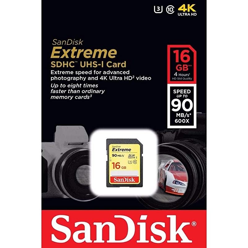 16GB Extreme SDHC UHSI Memory Card 90MBs C10 U3 V30 4K UHD SD Card SDSDXNE016GGNCIN