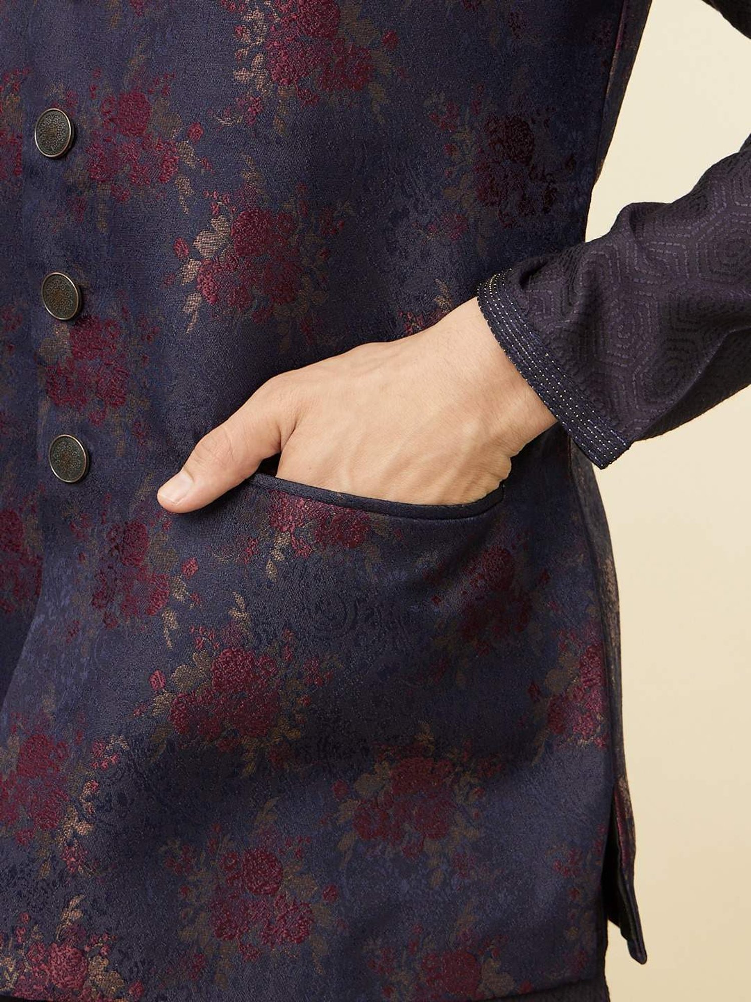 Manyavar Blue Regular Fit Self Pattern Nehru Jacket