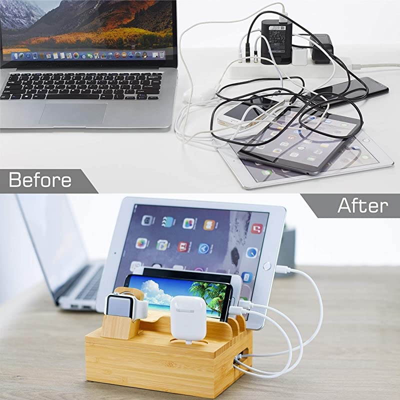 Bamboo Charging Station for Apple Watch AirPods Series6 in 1 Wooden Docking Station for Multiple Device