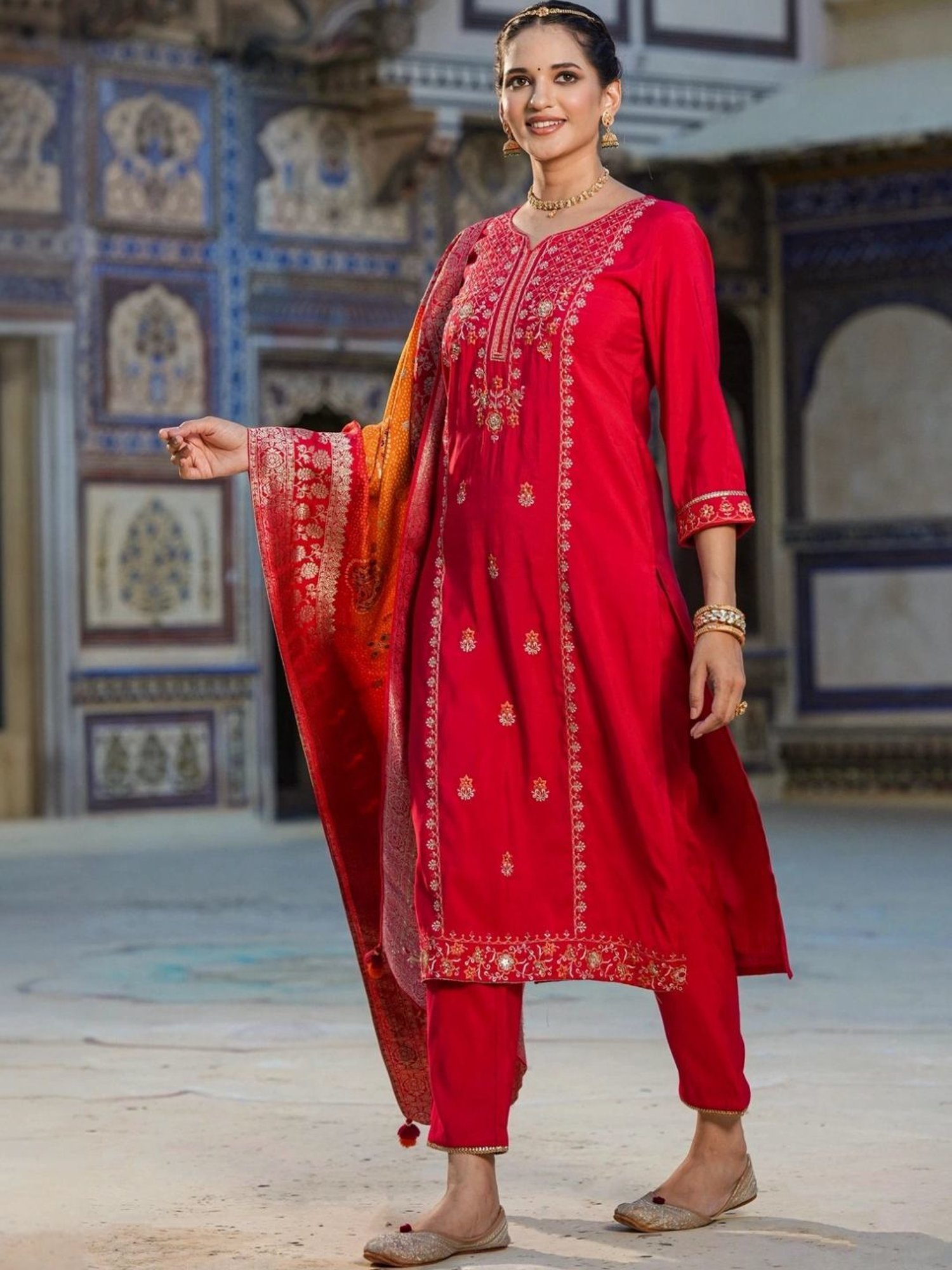 Scakhi Red Viscose Silk Embroidered Suit Set Kurta With Pant And Jacquard Dupatta