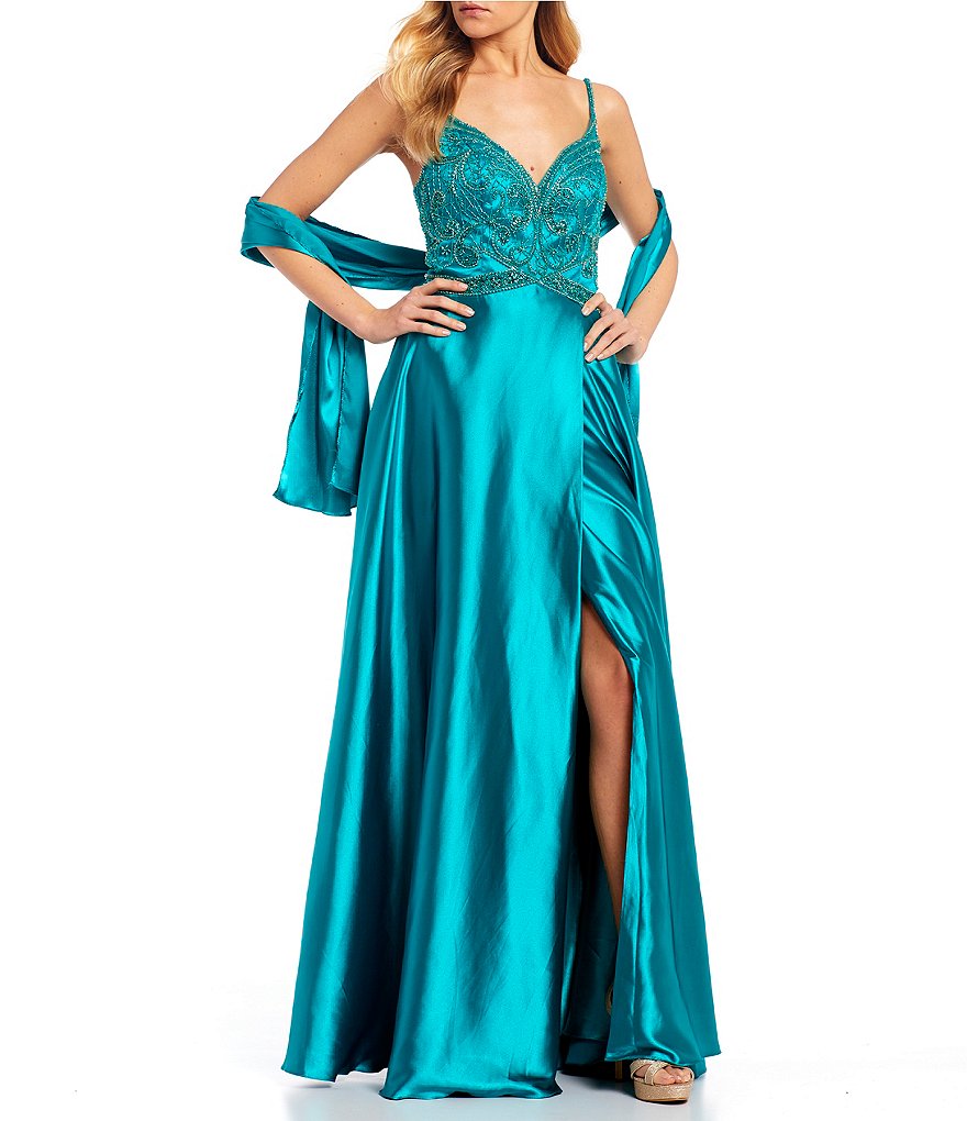 Coya Collection Spaghetti Strap V-Neck Beaded Cage-Back High Side Slit Satin Long Dress