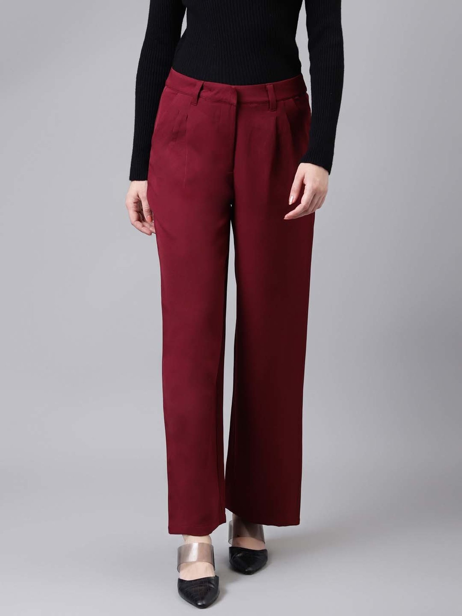 Latin Quarters Maroon Regular Fit High Rise Trousers