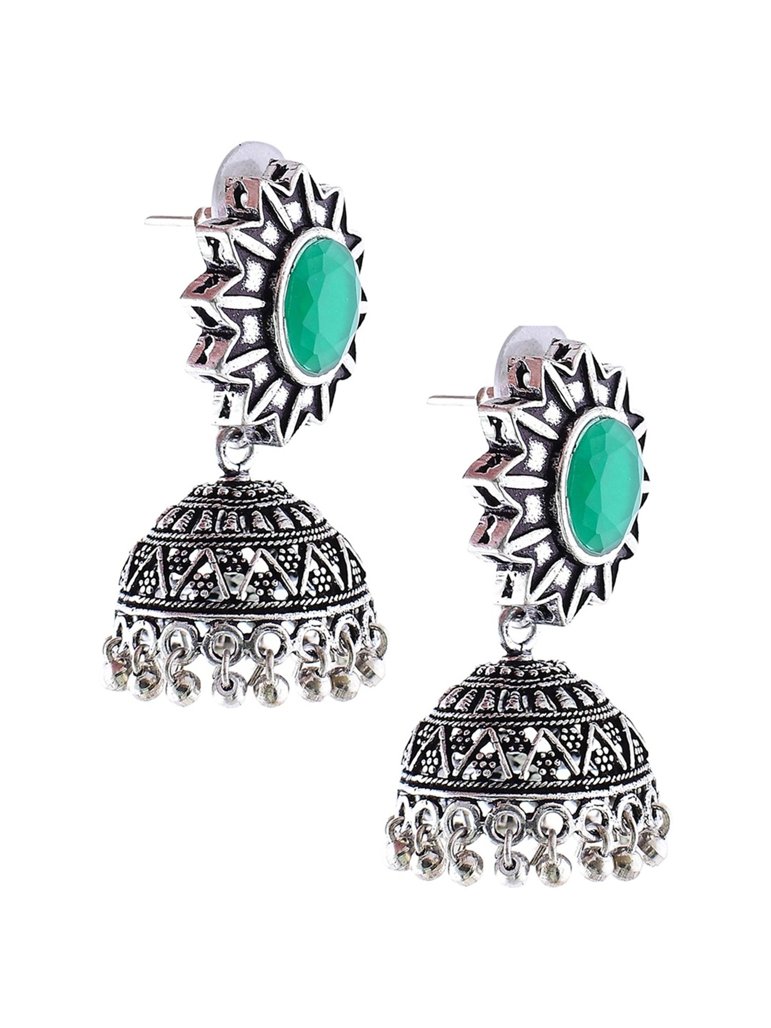 Imli Street Green Silver Tone Stone-Studded Handcrafted Jhumki Earrings