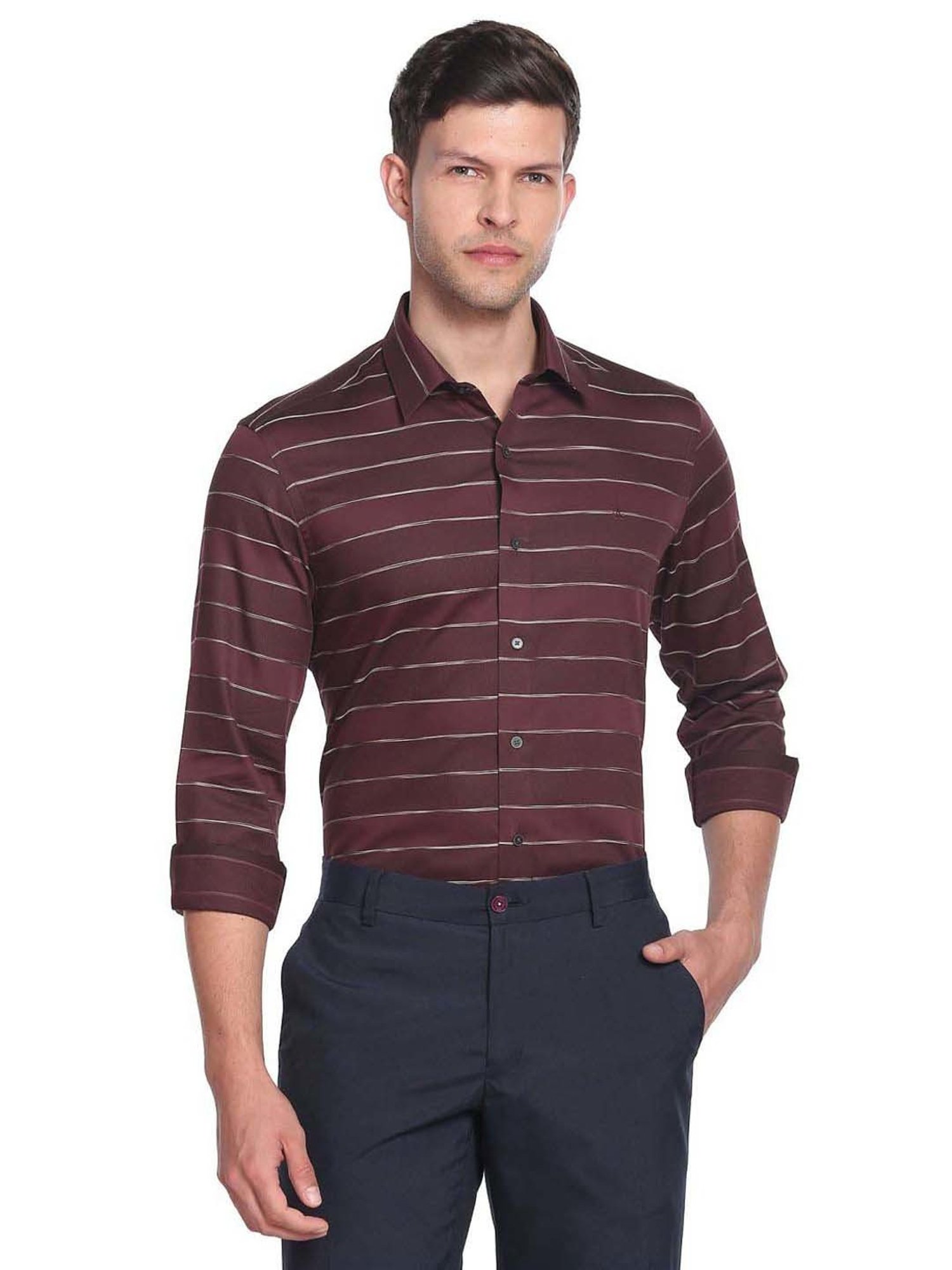Arrow New York Dark Purple Cotton Slim Fit Striped Shirt