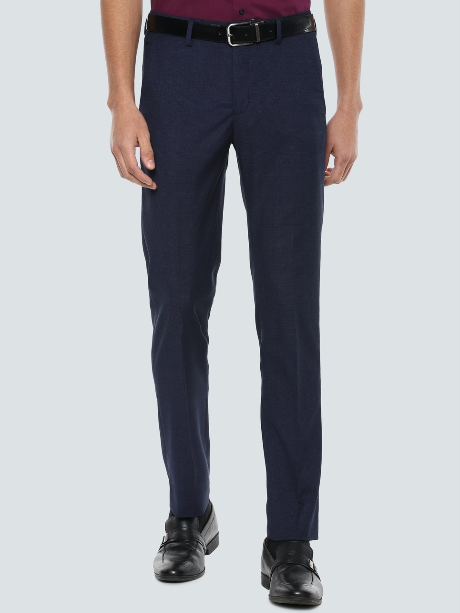 Louis Philippe Navy Slim Fit Checks Flat Front Trousers