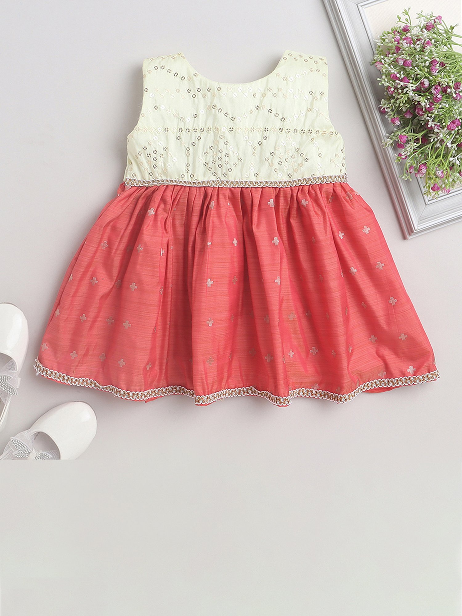 Many Frocks Kids Cream & Peach Embellished Dress