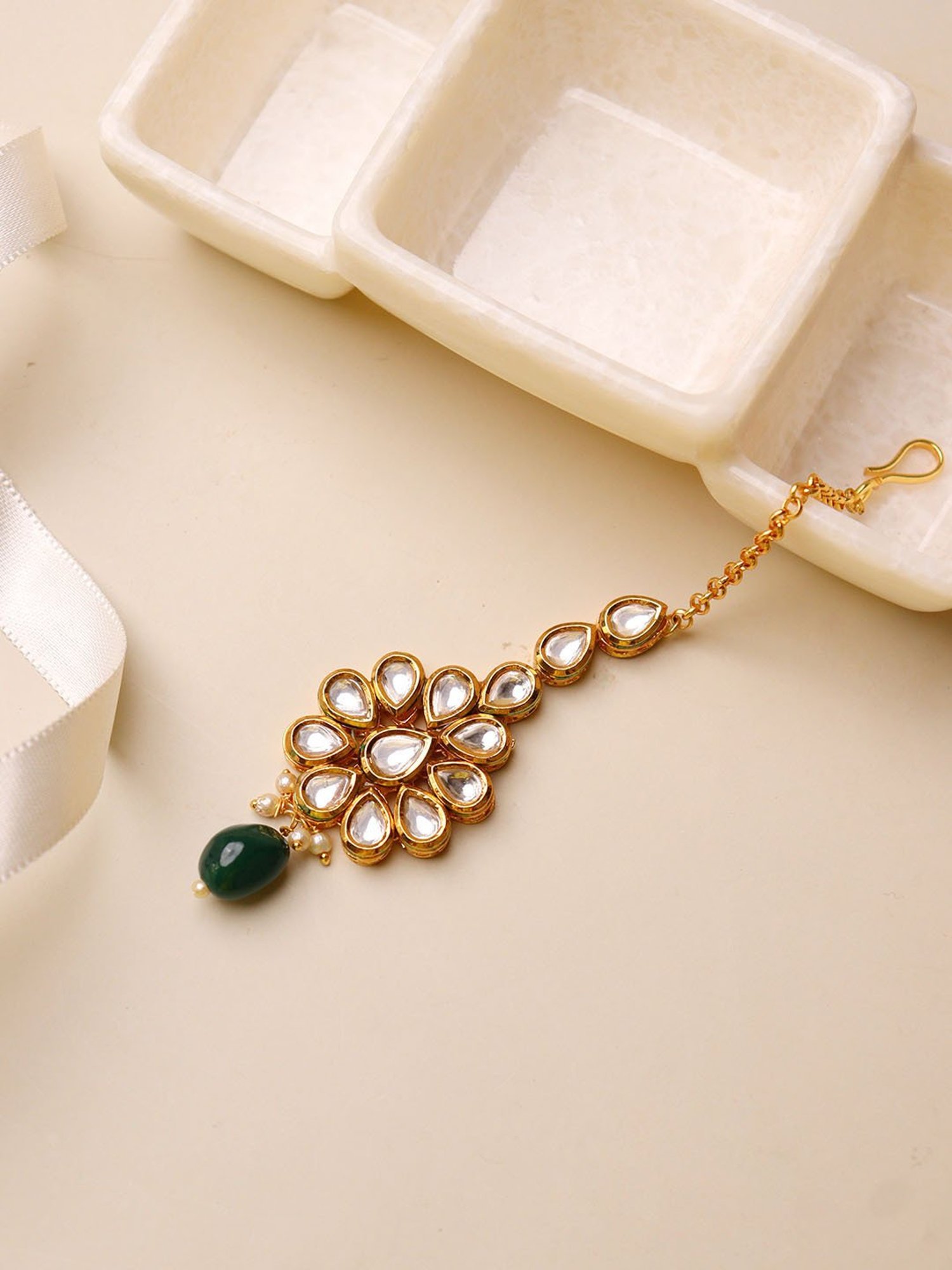 Curio Cottage Meira Kundan Green Droplet Maang Tikka for Women