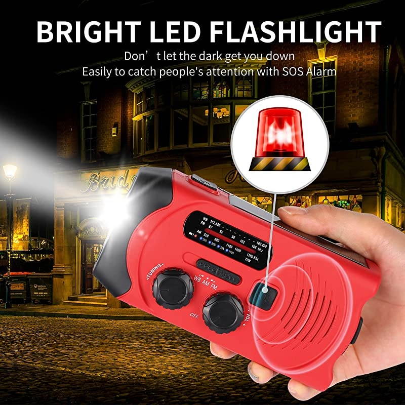 Upgraded Version]  Emergency Weather AM/FM NOAA Solar Powered Wind up Radio with SOS, 2000mAh Power Bank for Cell Phone and LED Flashlight (Red)