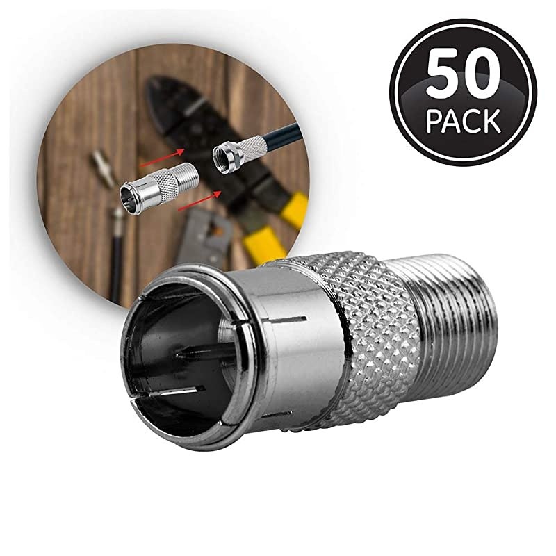 Coaxial Cable Push-On Connector Adapter, 50-Pack, for RG59 RG6 F-Type Coax Cables, Converts Screw-On Connector to Push-On Compression Plug, Male-to-Female, with Resealable Bag, 51211
