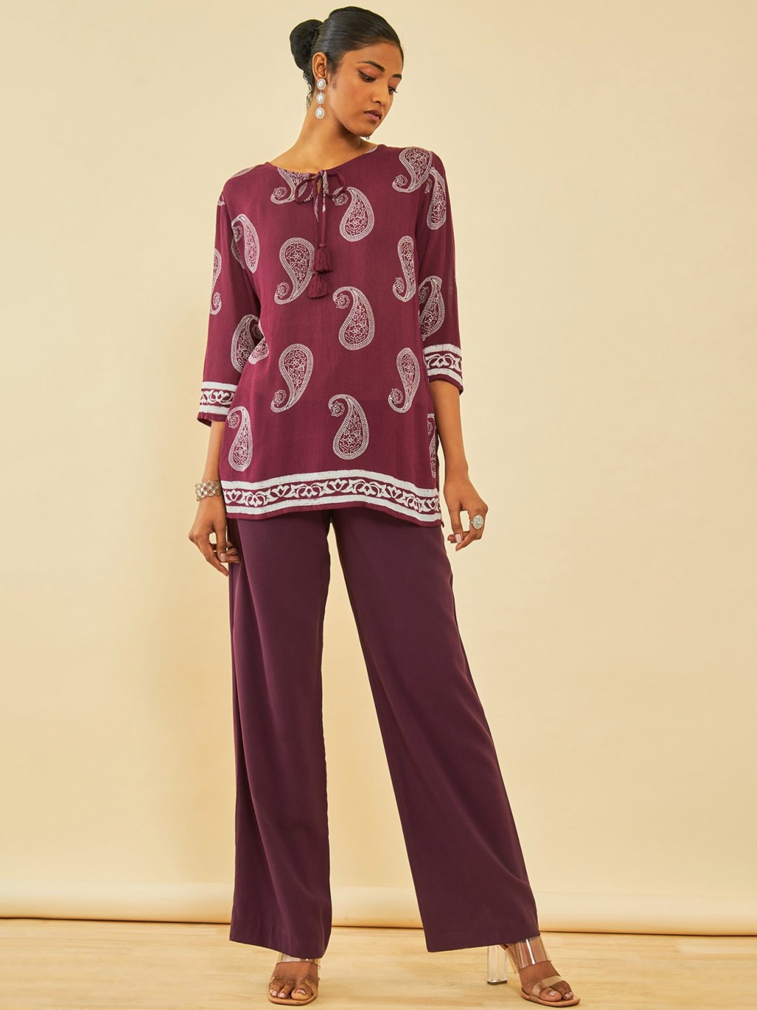 Soch Wine Crepe Paisley Printed Tunic With Tassels