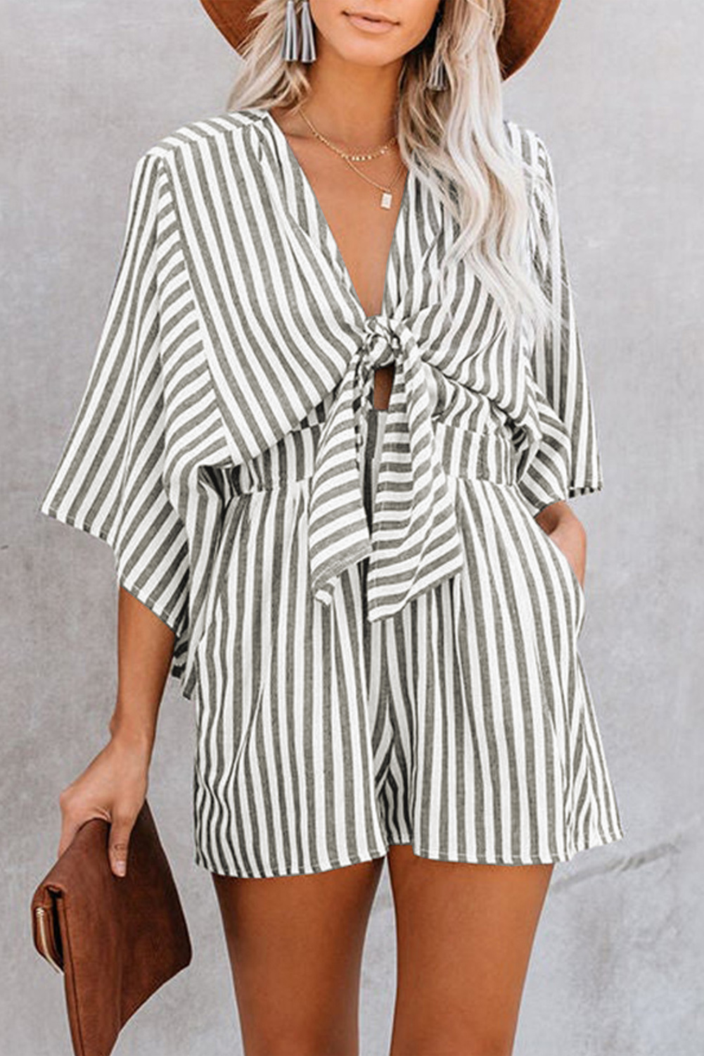 Grey Striped Print Tie Knot Front Romper With Pockets