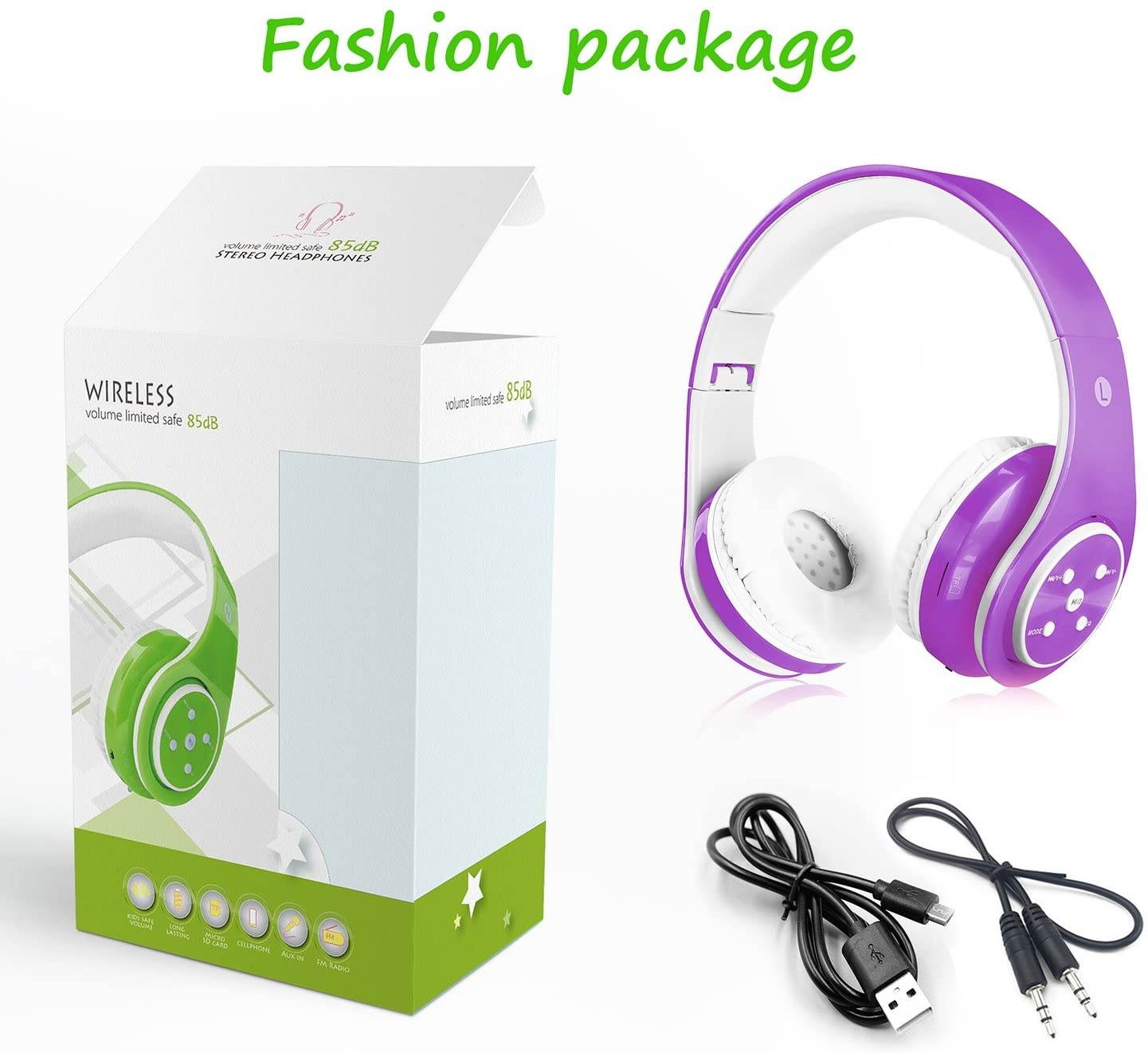 Kids Headphones Bluetooth Wireless On-Ear Foldable Stereo Sound Headset Safey Volume Limited Long Playing time SD Card Slot Build-in Mic 3.5mm Jack Wireless/Wired Headphones(Purple)