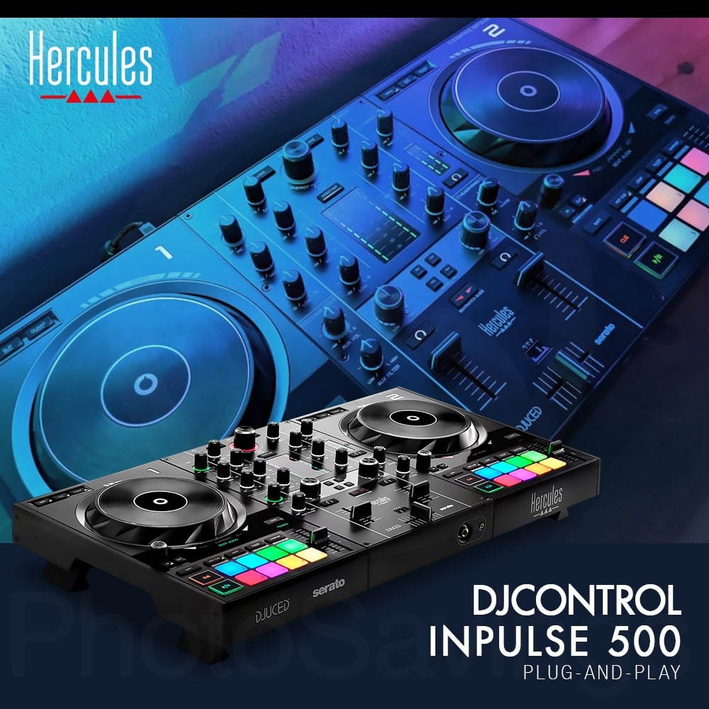 Hercules DJControl Inpulse 500 DJ Software Controller with Samson SR360 Over-Ear Dynamic Stereo Headphones and Essential Cables