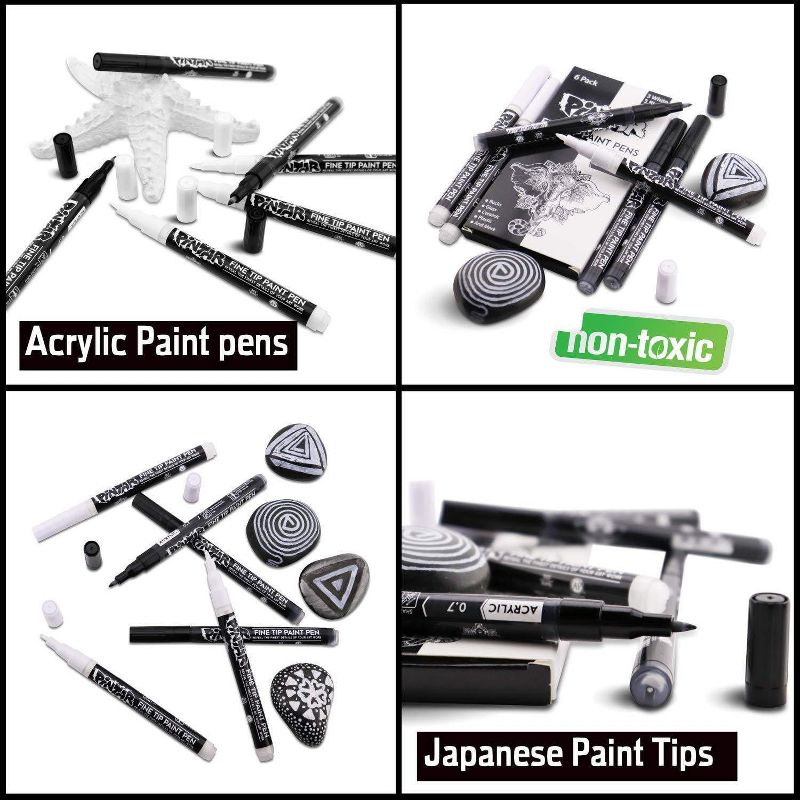 Pintar Art Supply Premium Acrylic Paint Black and White 6-Pack Pens