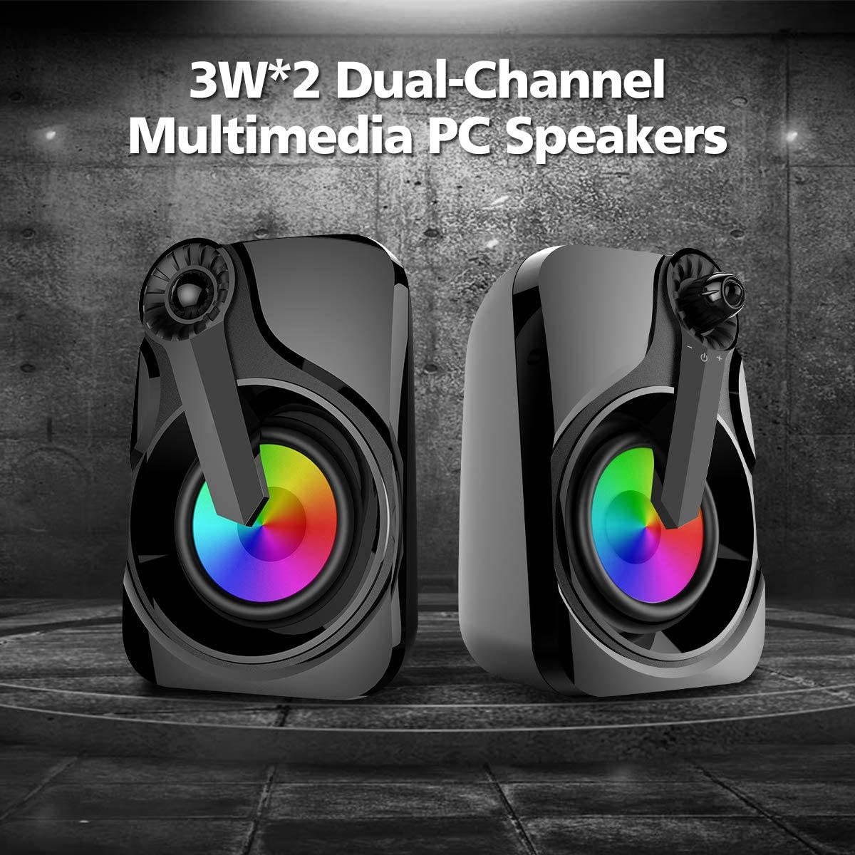 Computer Speaker,  Maboo Soundbar USB Powered with LED Light for Computer Desktop Laptop PC, Smartphone, TV Black (Colorful Speakers)