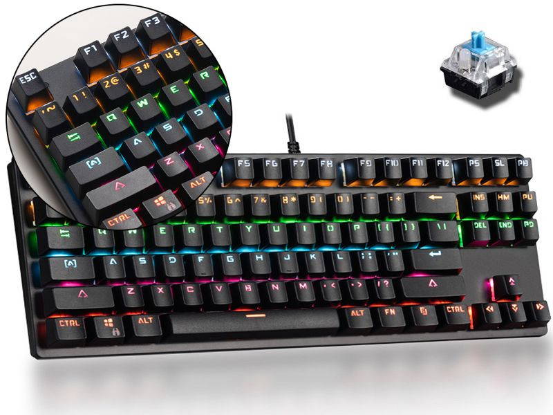 HSCCGI Mechanical Keyboard 87 Keys Small Compact Multicolour LED Backlit Wired USB Gaming Keyboard with Blue Switches, Metal Construction, Water Resistant for Windows PC Laptop game,BLACK