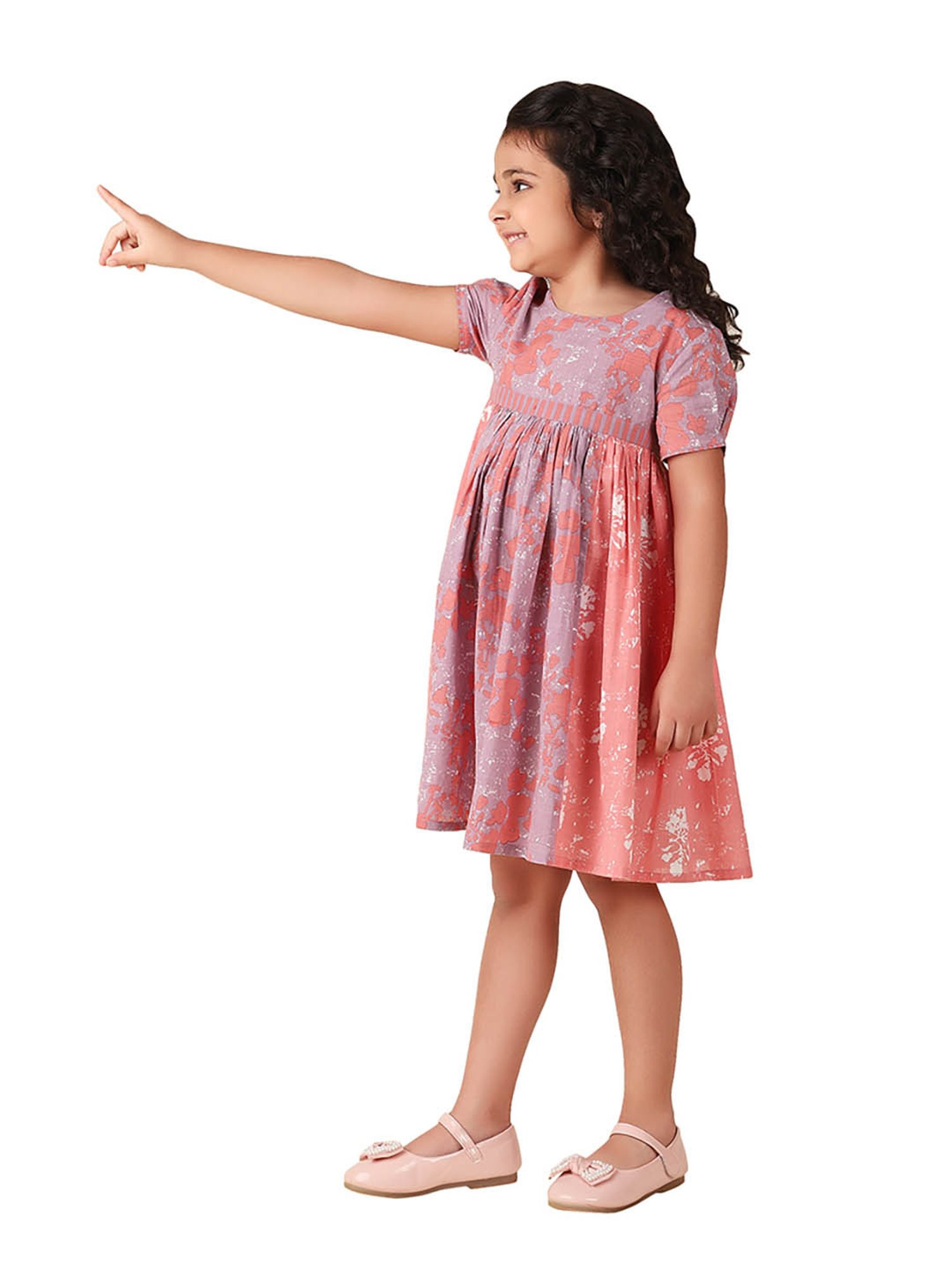 Fabindia Kids Lavender & Coral Printed Dress