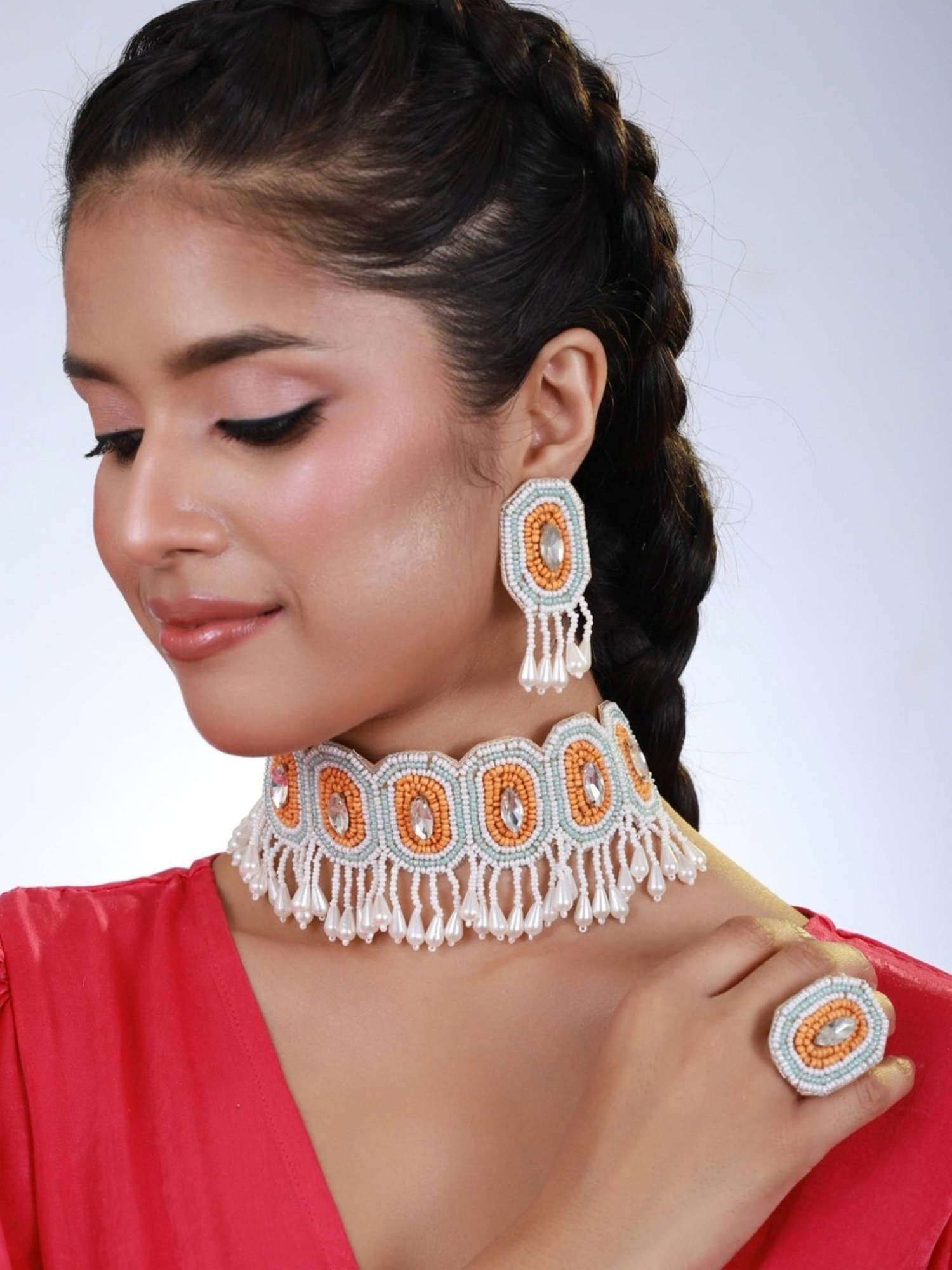 Aatmana Crystal-Studded & Beaded Gold-Plated Necklace & Earring Set with Ring
